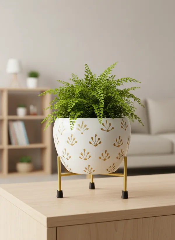 Modern_Gold_Leaf_Print_Planter_With_Gold_Metal_Stand