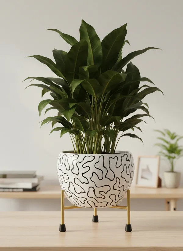 Modern_Abstract_Line_Print_Planter_With_Gold_Metal_Stand