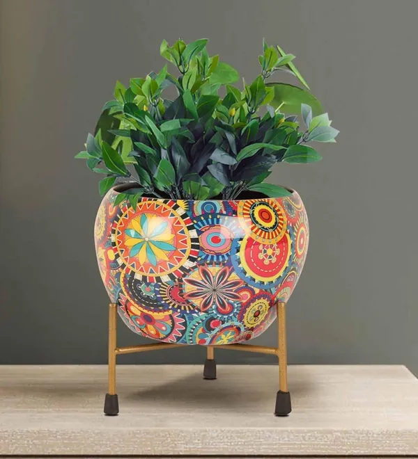Bohemian_Floral_Mandala_Print_Planter_With_Metal_Stand
