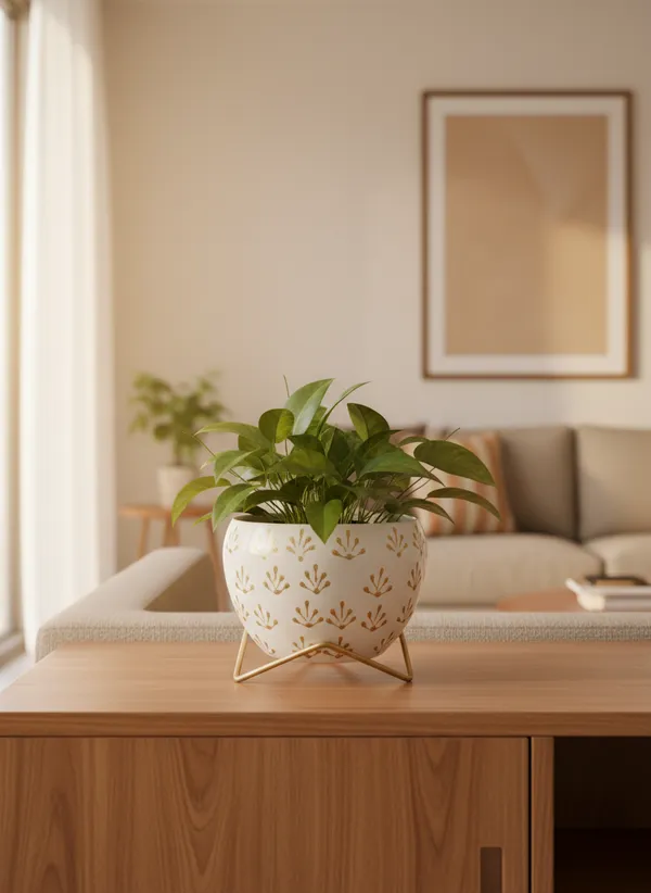 Modern_Gold_Foliage_Print_Planter_With_Gold_Metal_Stand