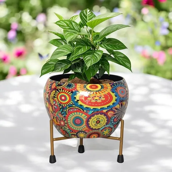 Bohemian_Floral_Mandala_Print_Planter_With_Metal_Stand