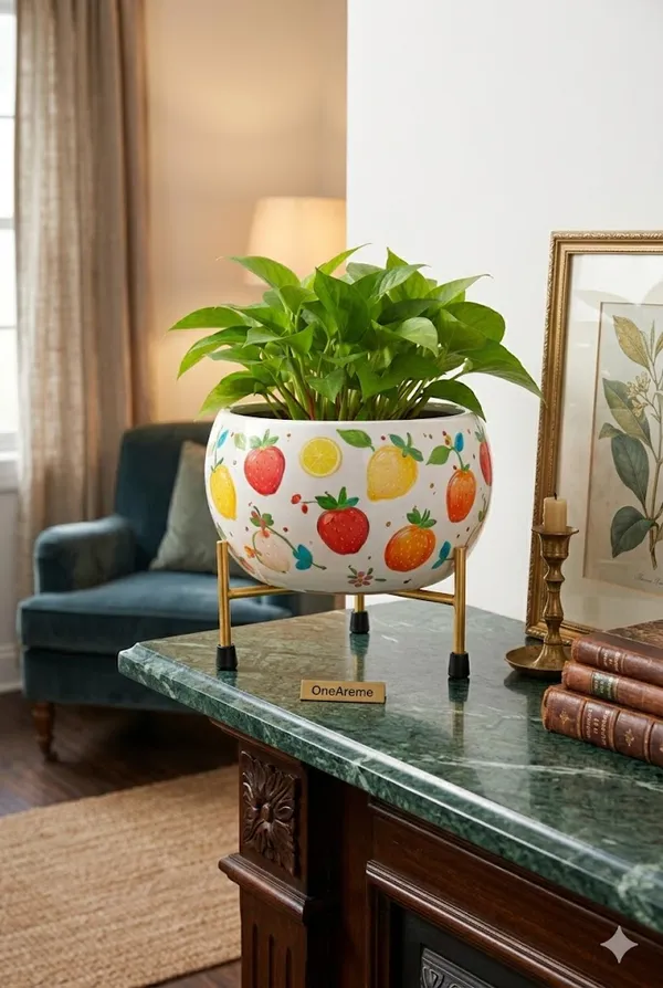 Modern_Fruit_Print_Planter_With_Gold_Metal_Stand