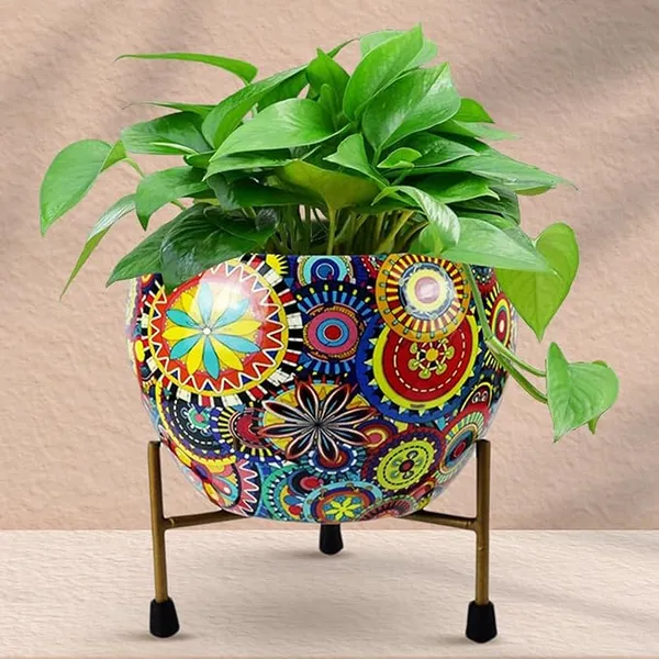 Bohemian_Floral_Mandala_Print_Planter_With_Metal_Stand