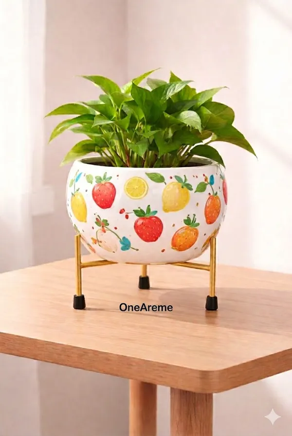 Modern_Fruit_Print_Planter_With_Gold_Metal_Stand
