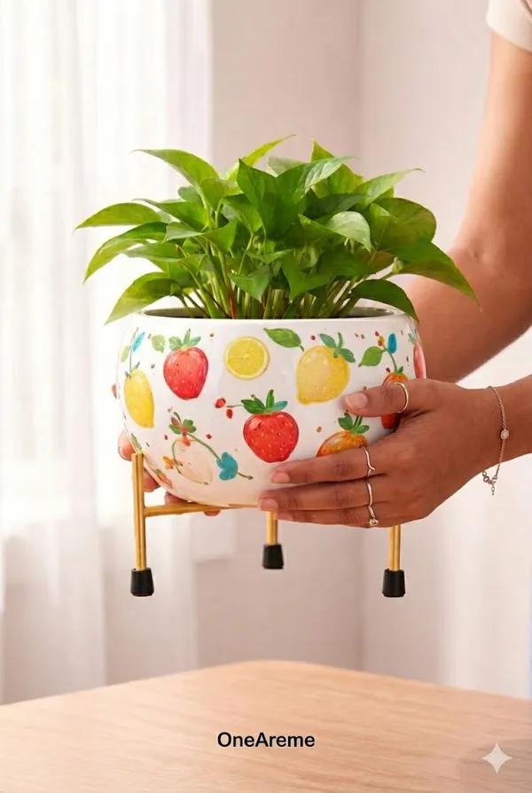 Modern_Fruit_Print_Planter_With_Gold_Metal_Stand