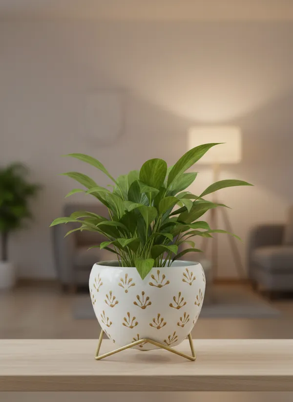 Modern_Gold_Foliage_Print_Planter_With_Gold_Metal_Stand
