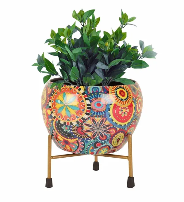 Bohemian_Floral_Mandala_Print_Planter_With_Metal_Stand
