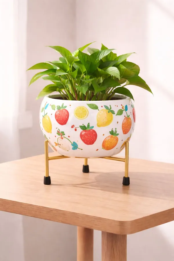 Modern_Fruit_Print_Planter_With_Gold_Metal_Stand