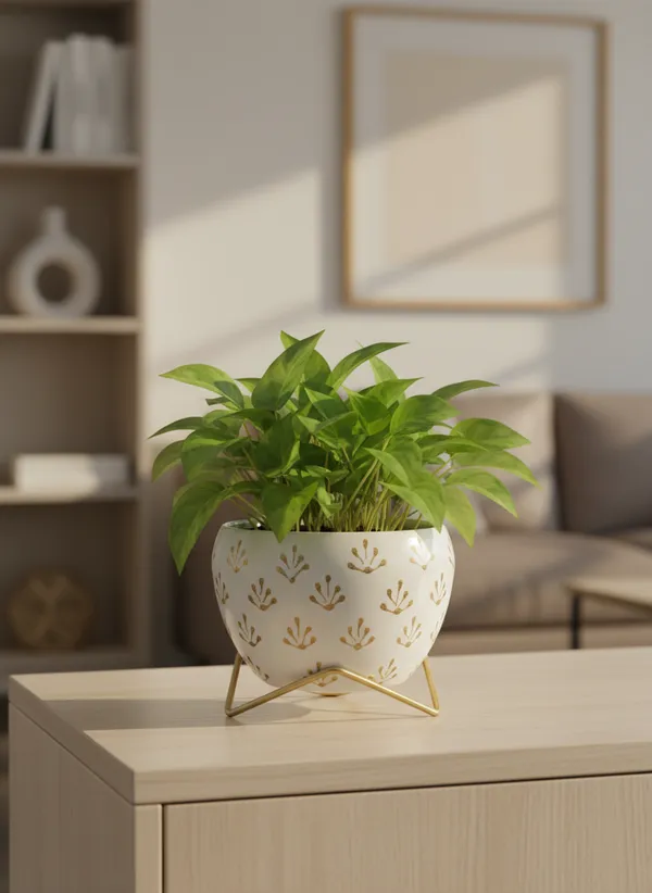 Modern_Gold_Foliage_Print_Planter_With_Gold_Metal_Stand