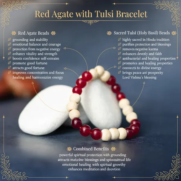 White_And_Red_Red_Agate_With_Tulsi_Bracelet_For_Unisex
