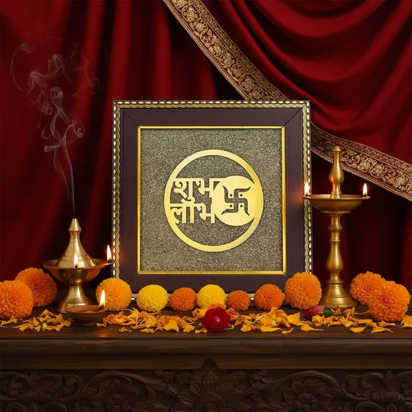 Grey_And_Golden_Shubh_Labh_On_Raw_Pyrite_Frame_For_Home_And_Office