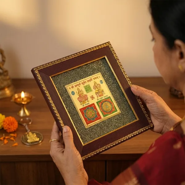 Lakshmi_Kuber_Yantra_On_Pyrite_Frame_With_Free_Lakshmi_Ji_Pyrite_Keychain_Attracts_Wealth_Brings_Prosperity