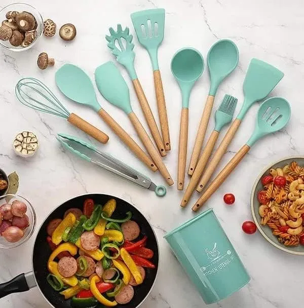 12-Piece_Silicone_Kitchen_Utensils_Set_With_Wooden_Handles__Non-Stick_Spoons,_Spatulas_And_Cookware_Tools_With_Holder