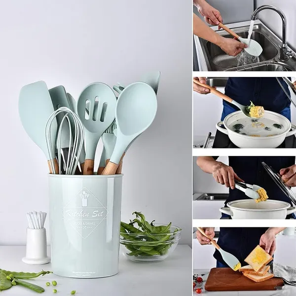 12-Piece_Silicone_Kitchen_Utensils_Set_With_Wooden_Handles__Non-Stick_Spoons,_Spatulas_And_Cookware_Tools_With_Holder