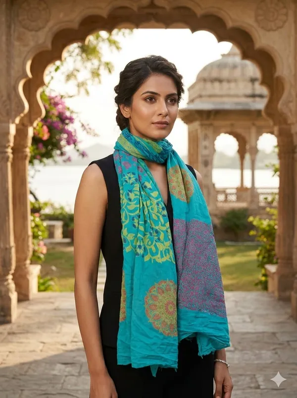 Vibrant_Turquoise_Patchwork_Scarf_With_Floral_And_Geometric_Motifs