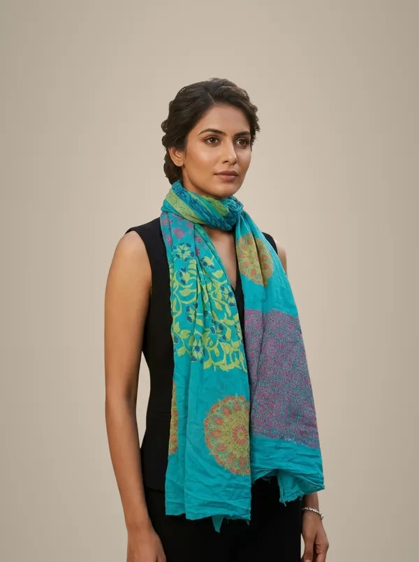 Vibrant_Turquoise_Patchwork_Scarf_With_Floral_And_Geometric_Motifs