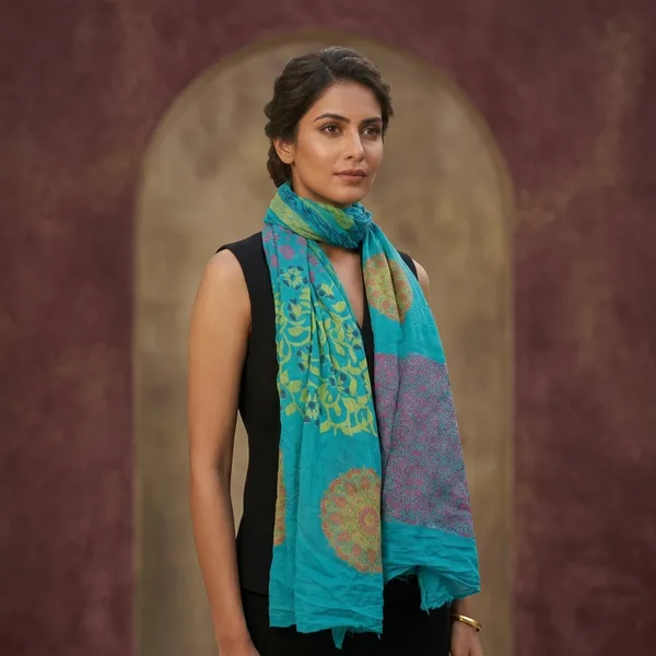 Vibrant_Turquoise_Patchwork_Scarf_With_Floral_And_Geometric_Motifs
