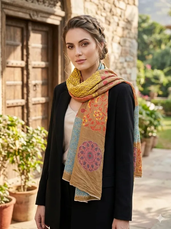 Reversible_Multi-Pattern_Bohemian_Scarf_-_Mustard_Yellow,_Blue_&_Coral_Pack_Of_2