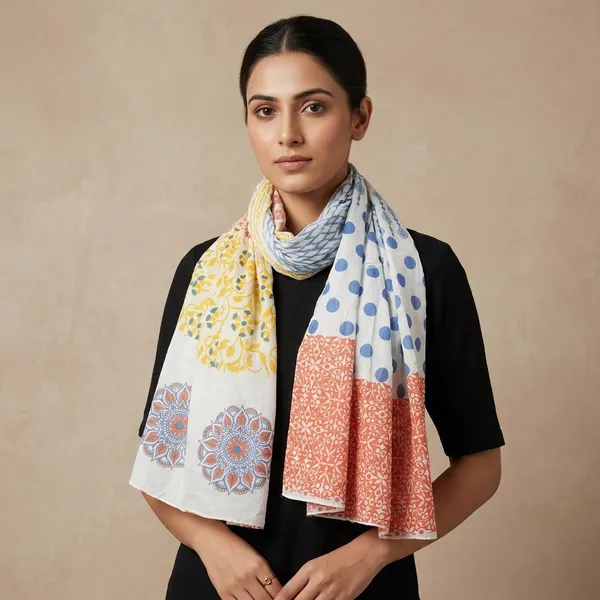 Multicolor_Patchwork_Block_Print_Cotton_Stole/Scarf