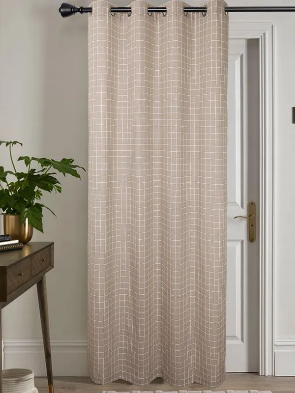 Beige_Grid_Print_Single_Long_Door_Curtain_Eyelet_Panel