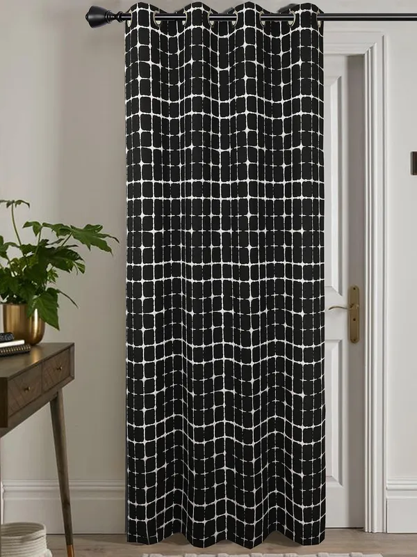 Black_and_White_Geometric_Grid_Print_Single_Long_Door_Curtain_Eyelet_Panel