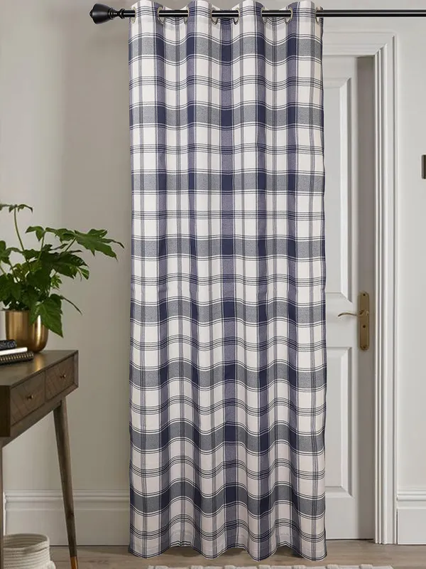 Blue_and_White_Plaid_Check_Single_Long_Door_Curtain_with_Eyelet_Top