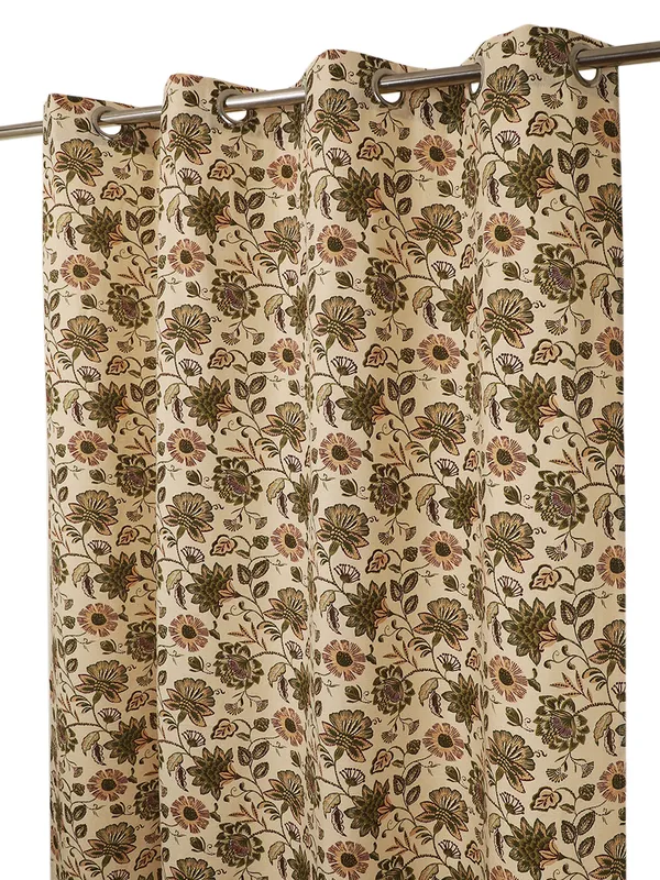 Floral_Print_Single_Long_Door_Curtain,_Orange_and_Green_on_Beige,_Grommet_Top_Eyelet_Panel