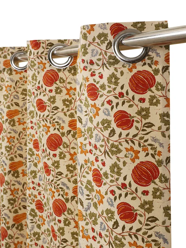 Floral_Print_Single_Long_Door_Curtain,_Orange_and_Green_on_Beige,_Grommet_Top_Eyelet_Panel