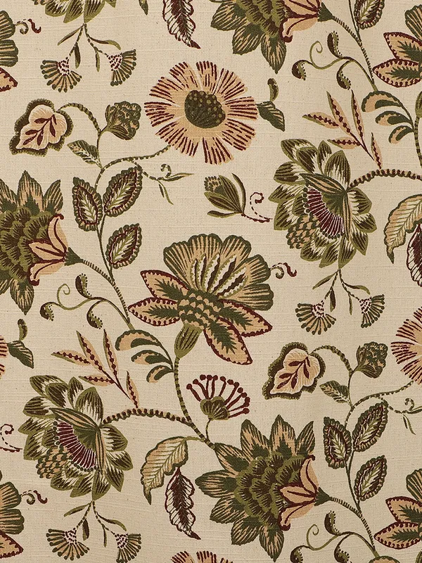 Floral_Print_Single_Long_Door_Curtain,_Orange_and_Green_on_Beige,_Grommet_Top_Eyelet_Panel
