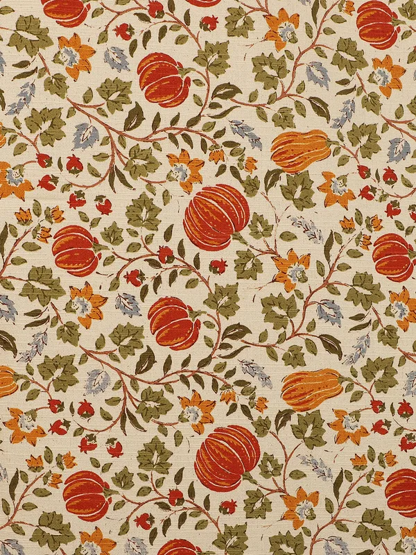 Floral_Print_Single_Long_Door_Curtain,_Orange_and_Green_on_Beige,_Grommet_Top_Eyelet_Panel