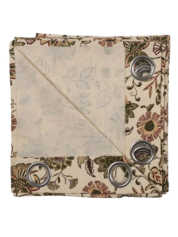 Floral_Print_Single_Long_Door_Curtain,_Orange_and_Green_on_Beige,_Grommet_Top_Eyelet_Panel