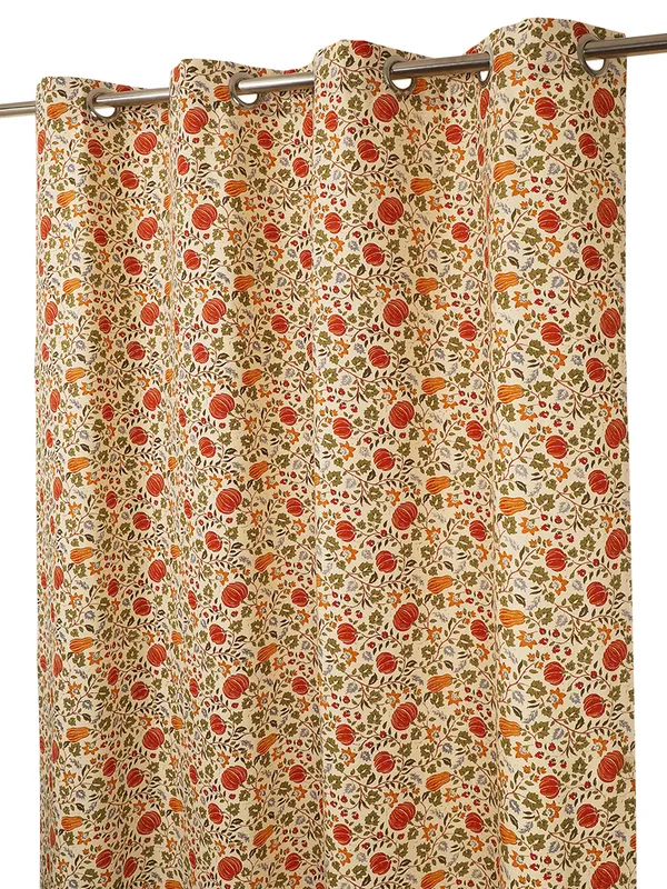 Floral_Print_Single_Long_Door_Curtain,_Orange_and_Green_on_Beige,_Grommet_Top_Eyelet_Panel