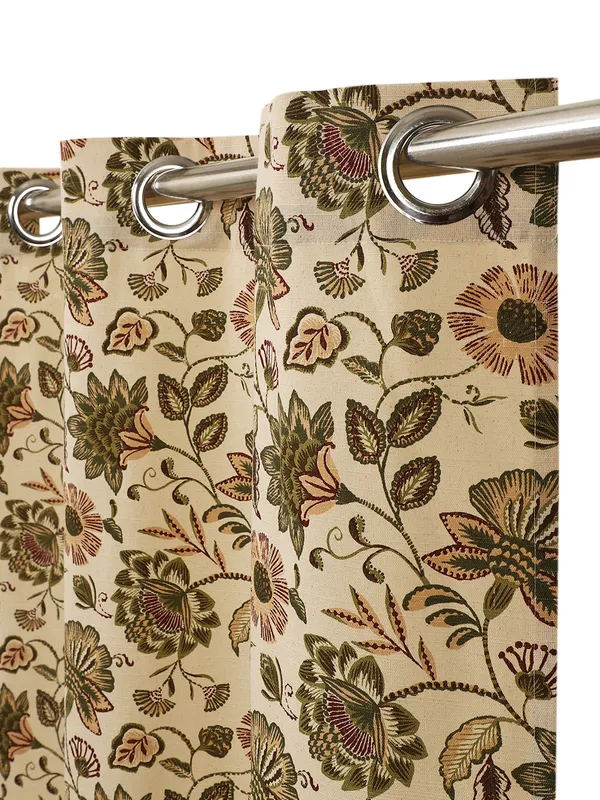 Floral_Print_Single_Long_Door_Curtain,_Orange_and_Green_on_Beige,_Grommet_Top_Eyelet_Panel