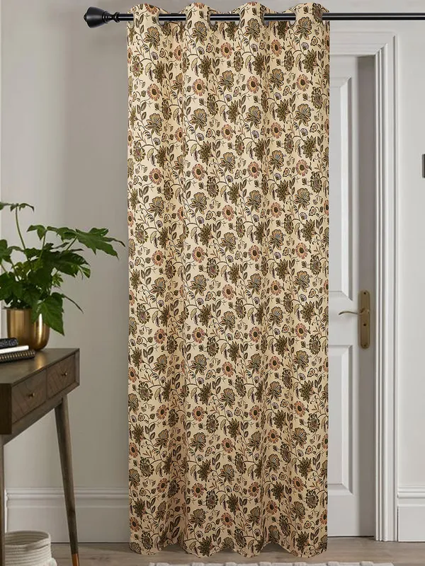 Floral_Print_Single_Long_Door_Curtain,_Orange_and_Green_on_Beige,_Grommet_Top_Eyelet_Panel