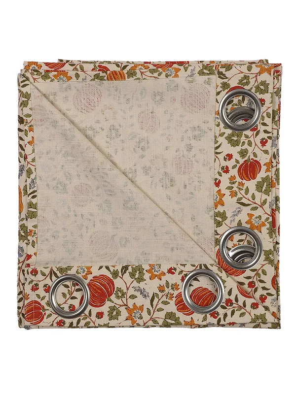 Floral_Print_Single_Long_Door_Curtain,_Orange_and_Green_on_Beige,_Grommet_Top_Eyelet_Panel