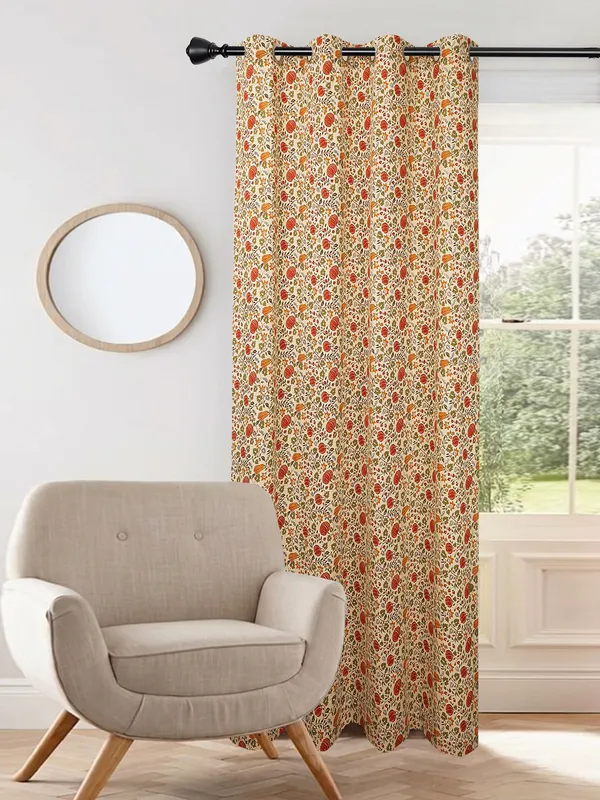 Floral_Print_Single_Long_Door_Curtain,_Orange_and_Green_on_Beige,_Grommet_Top_Eyelet_Panel