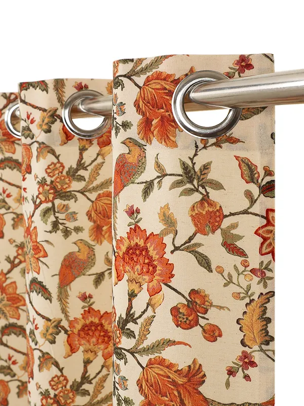 Floral_Printed_Single_Long_Door_Curtain,_Orange_and_Cream,_Eyelet_Panel