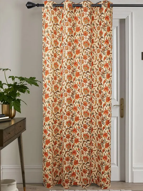 Floral_Printed_Single_Long_Door_Curtain,_Orange_and_Cream,_Eyelet_Panel