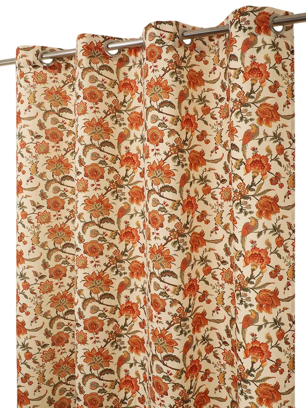 Floral_Printed_Single_Long_Door_Curtain,_Orange_and_Cream,_Eyelet_Panel