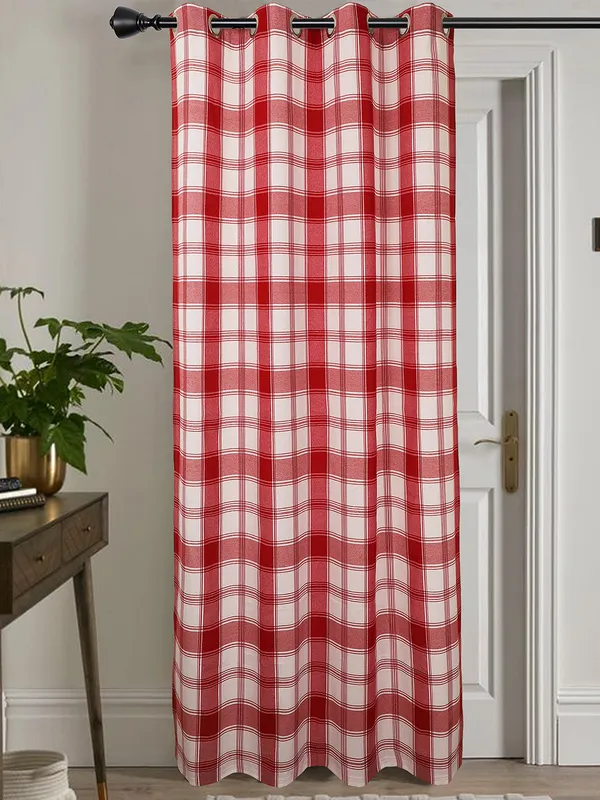 Red_and_White_Plaid_Check_Single_Long_Door_Curtain_with_Eyelet_Top
