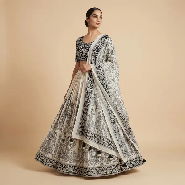 White_Tussar_Silk_Premium_&_Traditional_Design_Lehenga_Choli_For_Women