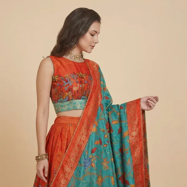 Red_Tussar_Silk_Premium_&_Traditional_Design_Lehenga_Choli_For_Women