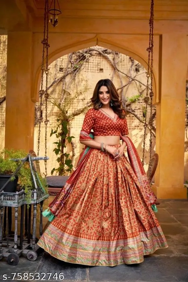 Red_Tussar_Silk_Premium_&_Traditional_Design_Lehenga_Choli_For_Women