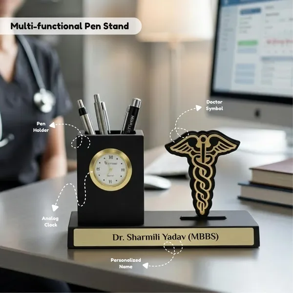 Giftana_Personalized_Doctor_Pen_Stand_with_Name_&_Clock_|_Wooden_Desk_Organizer_with_Doctor_Emblem_(Caduceus_Symbol)_|_Customized_Pencil_Holder_for_Doctors,_Medical_Students_|_Birthday_Gifts