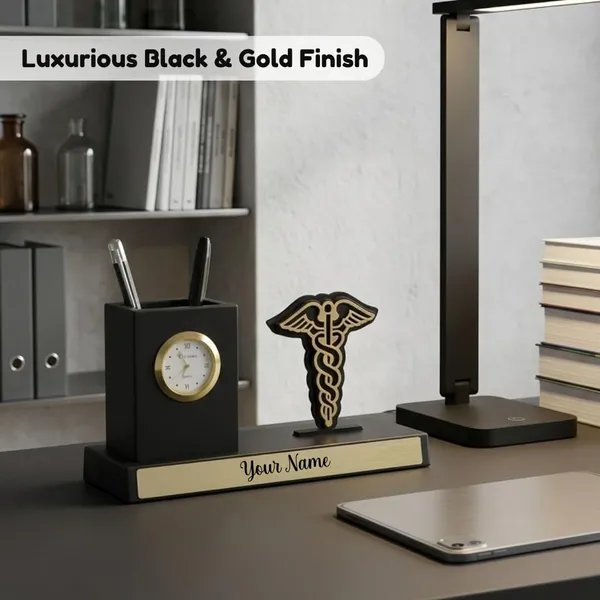 Giftana_Personalized_Doctor_Pen_Stand_with_Name_&_Clock_|_Wooden_Desk_Organizer_with_Doctor_Emblem_(Caduceus_Symbol)_|_Customized_Pencil_Holder_for_Doctors,_Medical_Students_|_Birthday_Gifts