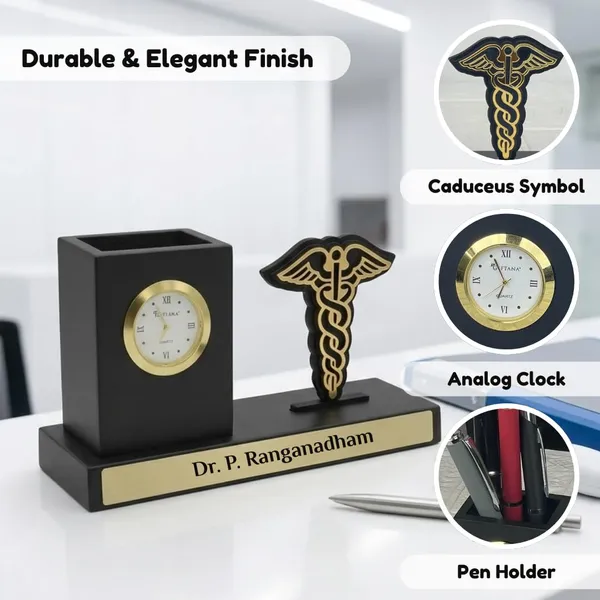 Giftana_Personalized_Doctor_Pen_Stand_with_Name_&_Clock_|_Wooden_Desk_Organizer_with_Doctor_Emblem_(Caduceus_Symbol)_|_Customized_Pencil_Holder_for_Doctors,_Medical_Students_|_Birthday_Gifts
