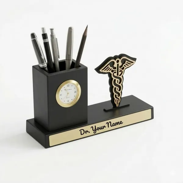 Giftana_Personalized_Doctor_Pen_Stand_with_Name_&_Clock_|_Wooden_Desk_Organizer_with_Doctor_Emblem_(Caduceus_Symbol)_|_Customized_Pencil_Holder_for_Doctors,_Medical_Students_|_Birthday_Gifts
