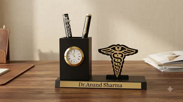 Giftana_Personalized_Doctor_Pen_Stand_with_Name_&_Clock_|_Wooden_Desk_Organizer_with_Doctor_Emblem_(Caduceus_Symbol)_|_Customized_Pencil_Holder_for_Doctors,_Medical_Students_|_Birthday_Gifts