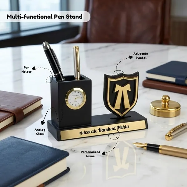 Personalized_Advocate_Pen_Stand_with_Name_&_Clock_|_Wooden_Desk_Organizer_with_Advocate_Emblem_|_Customized_Pencil_Holder_for_Lawyers_|_Office_Desk_Decor_|_Birthday_Gift_for_Advocate