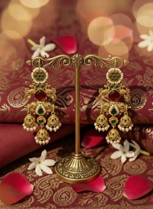 Sulekha_Jhumki_Earrings_Gold_&_Red_&_Green_Alloy_With_Plating